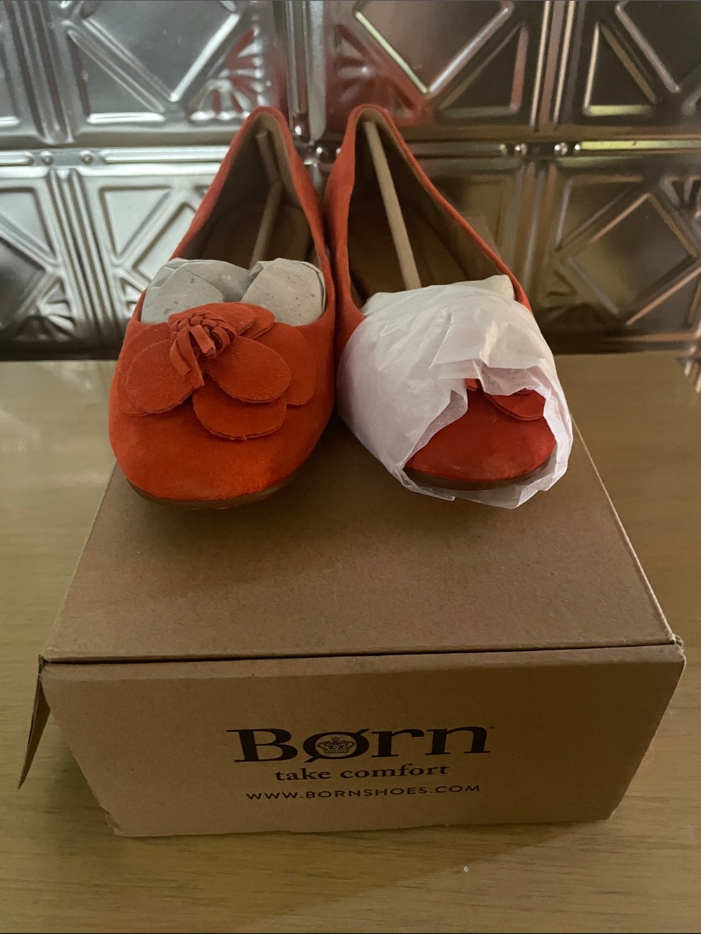 Born Orange Suede Floral Applique Ballet Flats never worn